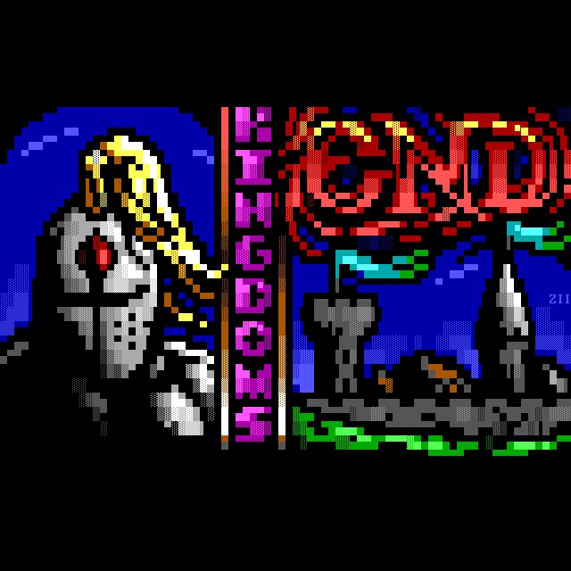 On the left foreground, a knight's face-obscuring helmet confronts us in deep shadow.  Behind him, at right, a castle keep flies a pennant in the breeze.  Down the centre runs the word Kingdoms in purple and at top right, End in red.