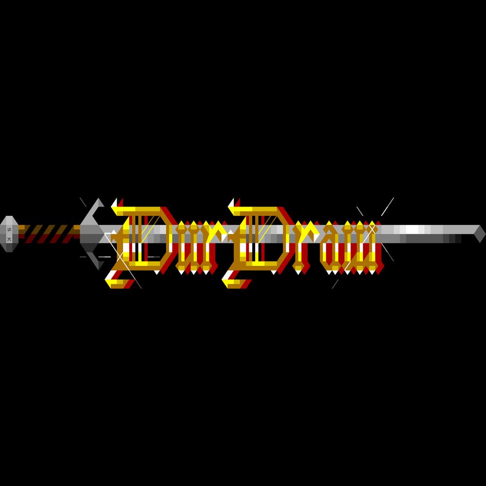 Golden Gothic letters reading DurDraw in a calligraphic style gleam and glitter before the blade of a longsword shining behind them in the darkness.