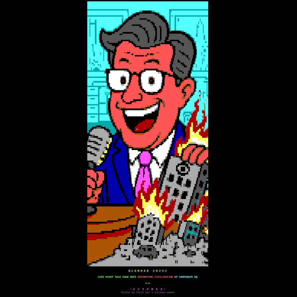 An enormous beaming comedian poses before the microphone at his colossal desk, while resting his colossal hand on the burning ruins of the CBS headquarters and its ruined neighbourhood.