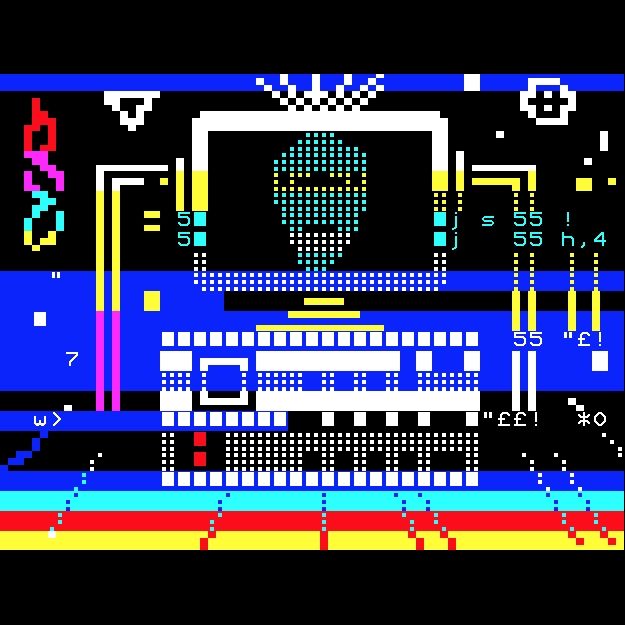 A pointillized featureless face peers out of a computer screen, fed by rainbow pipes of training data.