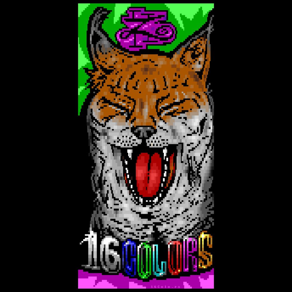Beneath a mystical purple glyph, sandwiched between leafy green and purple patterns, a bobcat smiles like an egg swallowing snake whose jaw has unhinged, above a logo celebrating 16colo.rs 