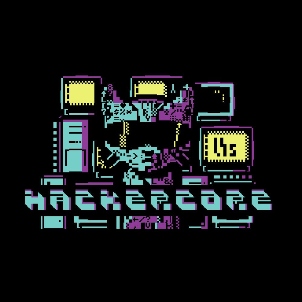 Behind a pointy Hackercore logo, a badass kittycat poses in shades inside a darkened computer room full of glowing terminals.