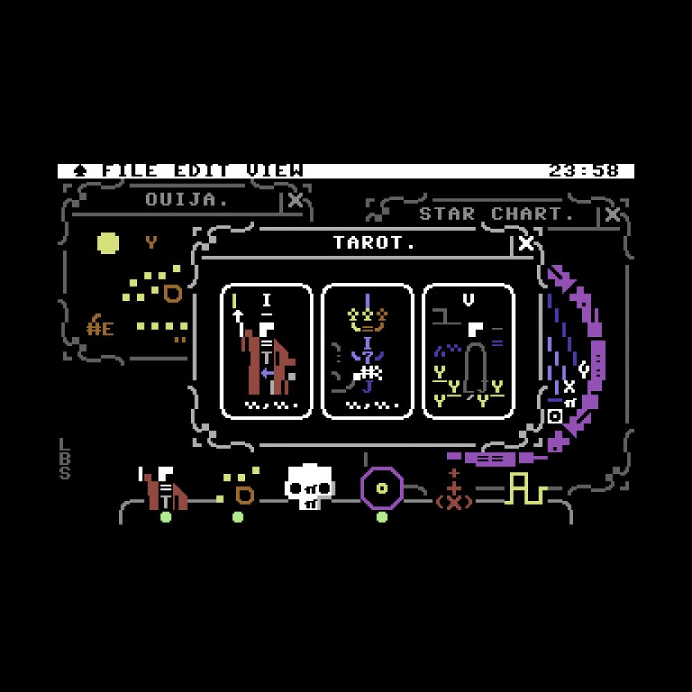 On a textmode representation of a windowed computer desktop, overlapping windows are shown demonstrating ouija, star chart and tarot programs (that latter being the foreground program) being run simultaneously.  Other programs are suggested by a task bar at the bottom of the screen.