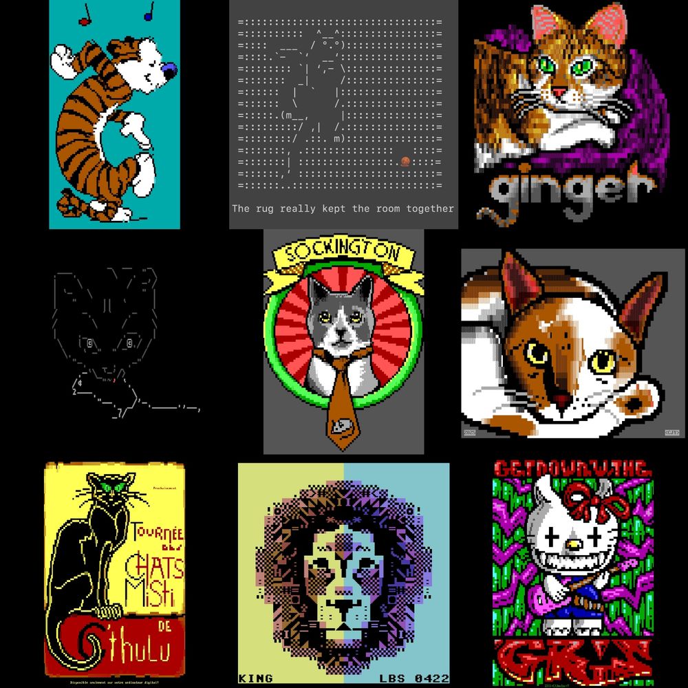 A 3x3 grid of pixelated thumbnail images depicts a series of cats, most realistic, and one dancing 
