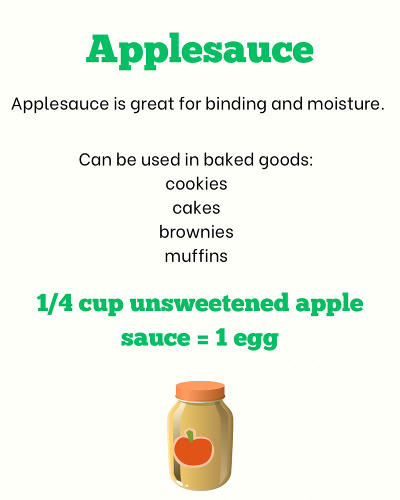 Applesauce. 1/4 cup unsweetened apple sauce = 1 egg