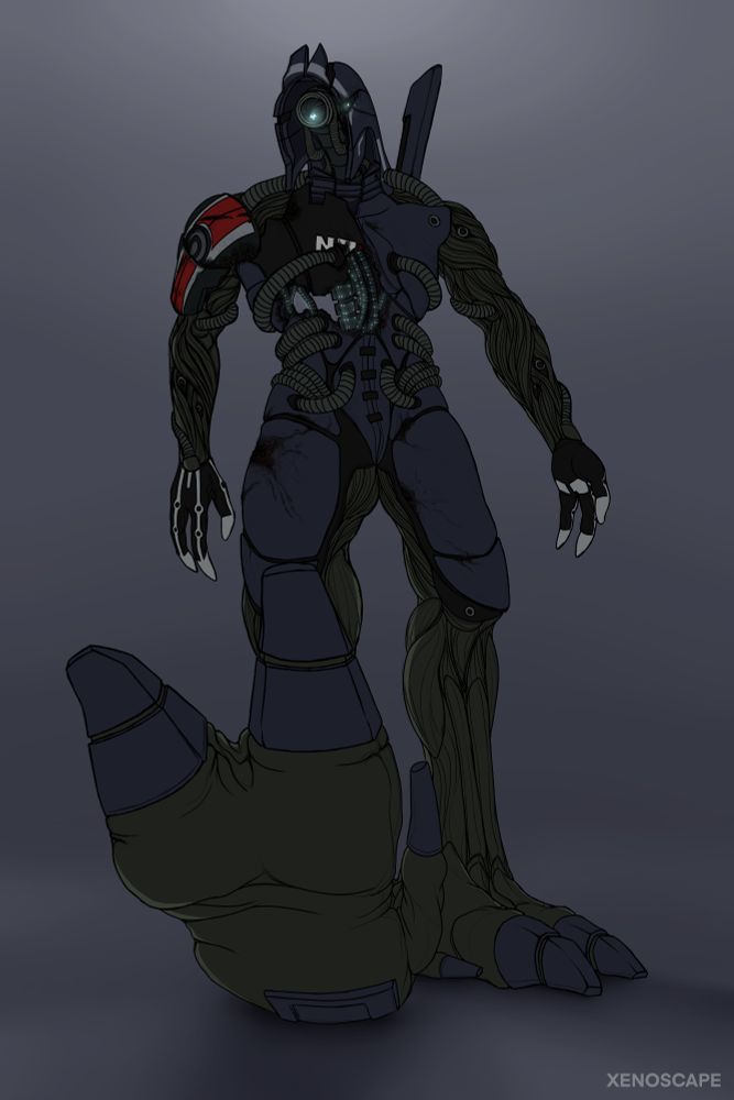A low perspective shot of Legion showing their foot to the viewer. The geth platform is looking down at its foot with its brow plates raised.