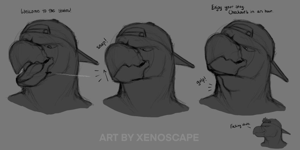 My cardinal character (Torrin) staring at a plane, beak open wide, as he welcomes the tiny travelers to the United States. There are four panels, consisting of Torrin in various states of clamping his jaw shut on the tiny plane before swallowing. The dialogue in the scene goes as follows:

"Welcome to the states!"

Snap!

"Enjoy your stay. Checkout's in an hour."

Gulp!

"Fucking idiots."