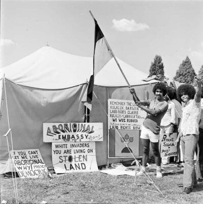 The Aboriginal Flag at the Tent Embassy in 1974. 