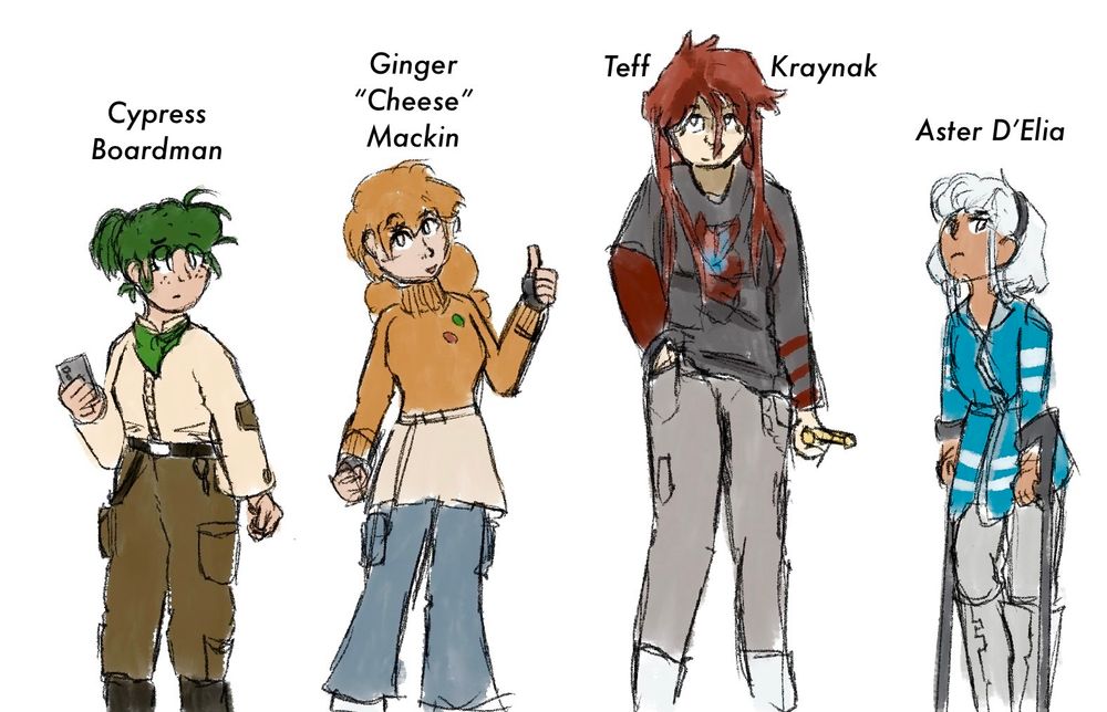 Sketch of four girls, labeled Cypress Boardman, Ginger “Mackin” Cheese, Teff Kraynak, and Aster D’Elia. Their outfits are accented green, orange, red, and teal respectively.