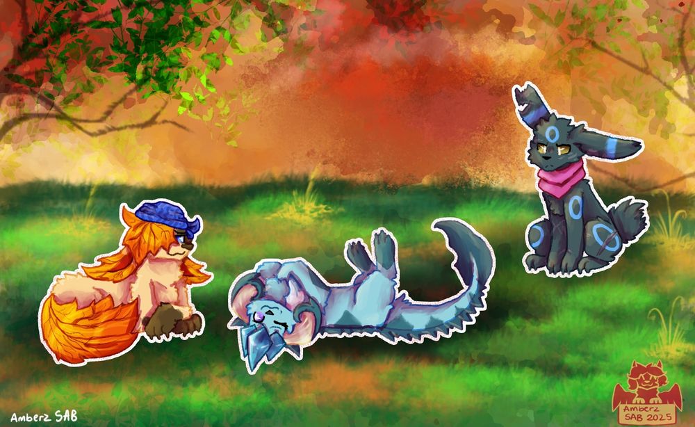 Their pokemon characters from left to right, Sycamore (Autumnn themed Leafeon with blue bandana), Prism (The Glaceon Vaporeon Fusion), and Aries (the Shiny Umbreon) belongs to Sypher-SF!! You can check them out on Bluesky or Instagram under the same name, including their Art Fight profile attached here https://artfight.net/~Sypher-SF. Feel free to check out their art and give them support!