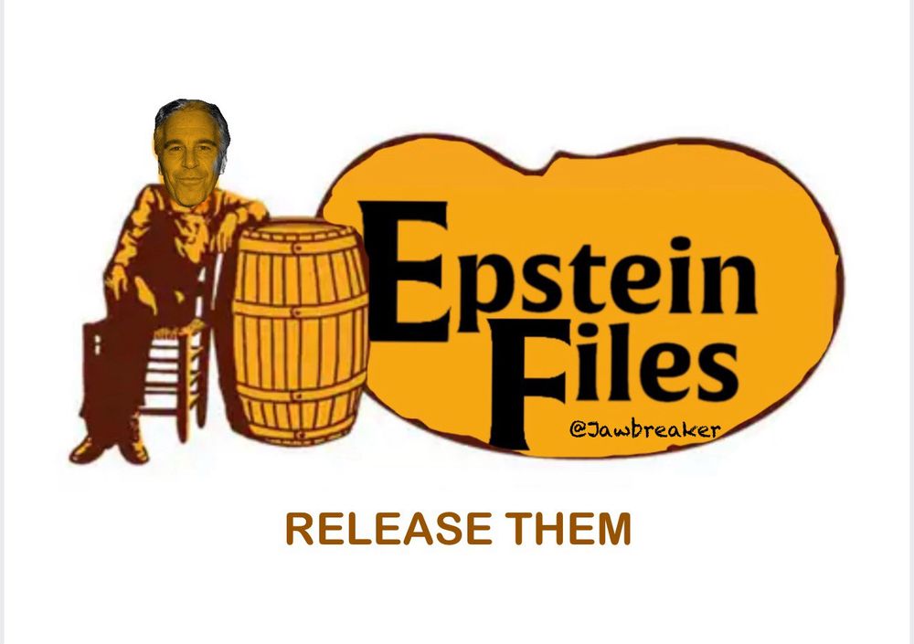Satirical meme based on old Cracker Barrel logo - Jeffrey Epstein's face is Photo Shopped onto picture of man sitting in chair to left of barrel Right: Epstein Files (in brand name area of logo) Bottom text: Release them!