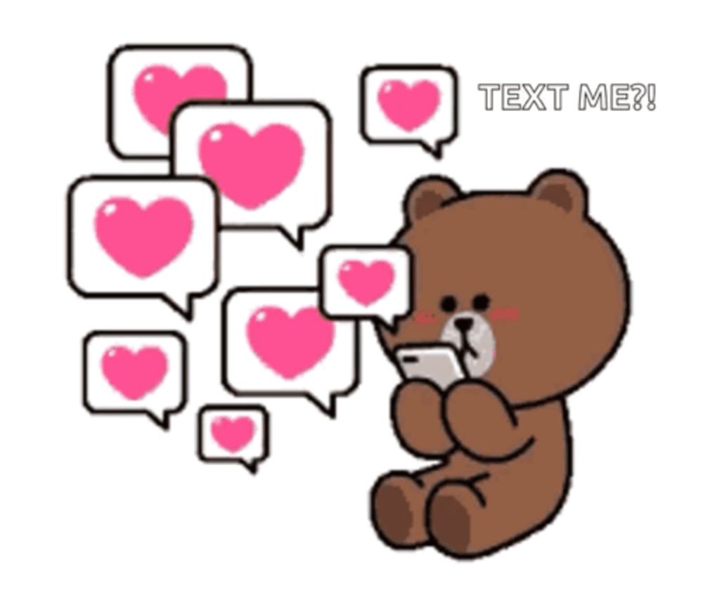 a brown teddy bear is looking at a cell phone with hearts coming out of it and the words text me below it