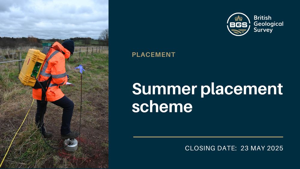 A graphic for the summer placement scheme, with a picture of someone undertaking fieldwork in full high-vis to the left of the image, and the words 'summer placement scheme' and the closing date of 23 May 2025 to the right. 