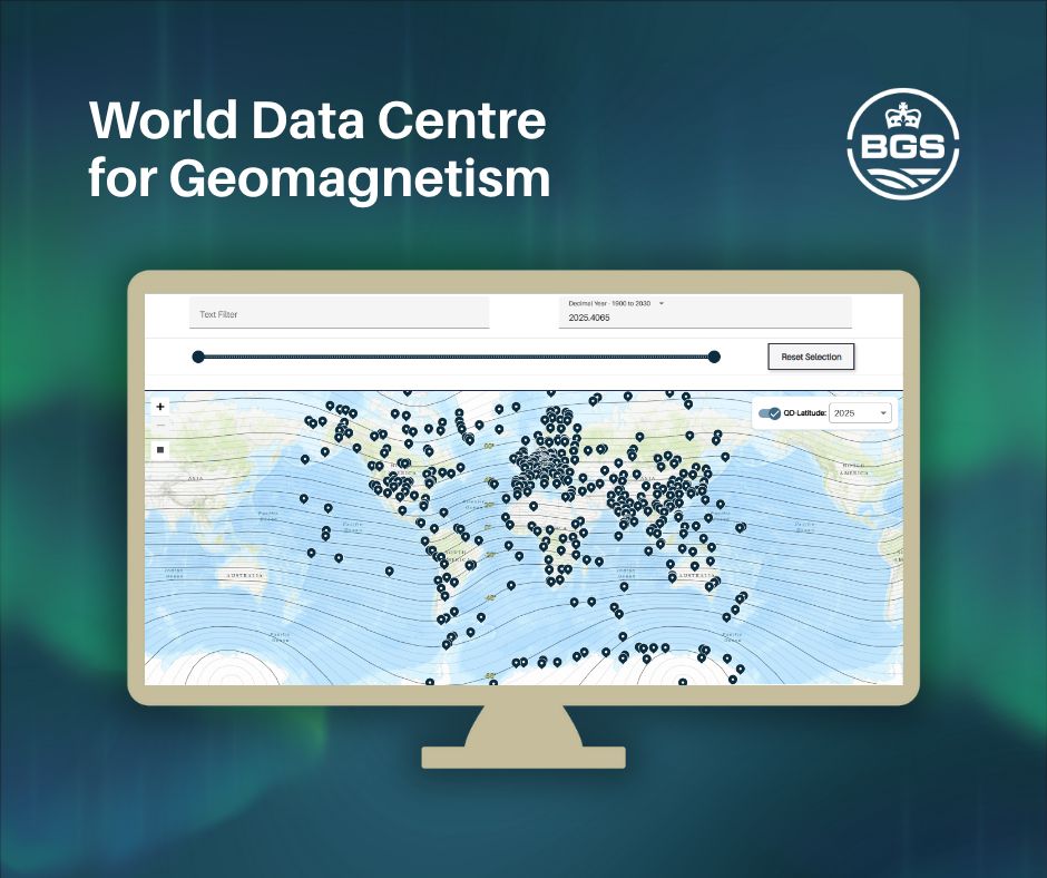 A graphic showing the World Data Centre for Geomagnetism webpage on an illustration of a computer screen. In the background is the aurora. The BGS logo is top right. 