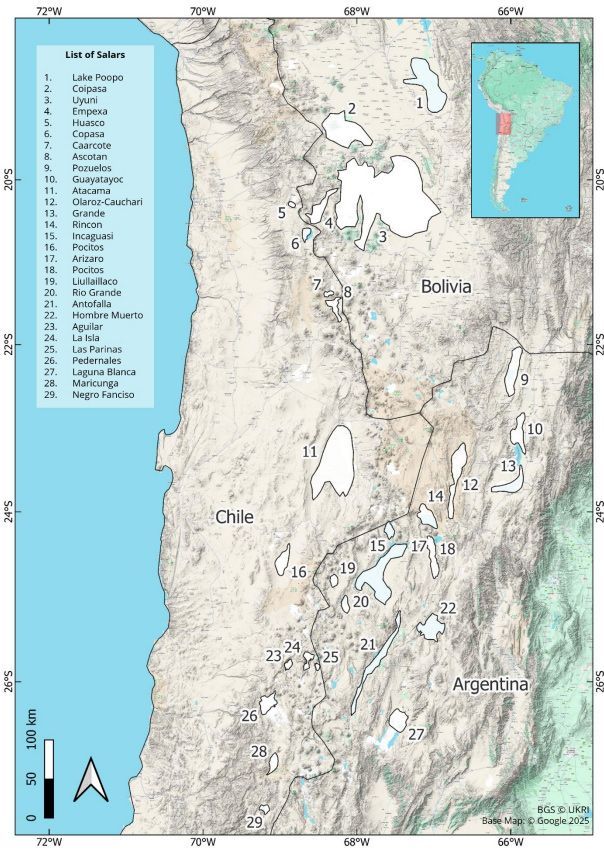 A map showing  the location of the main salars in the Lithium Triangle countries of Argentina, Bolivia and Chile 
