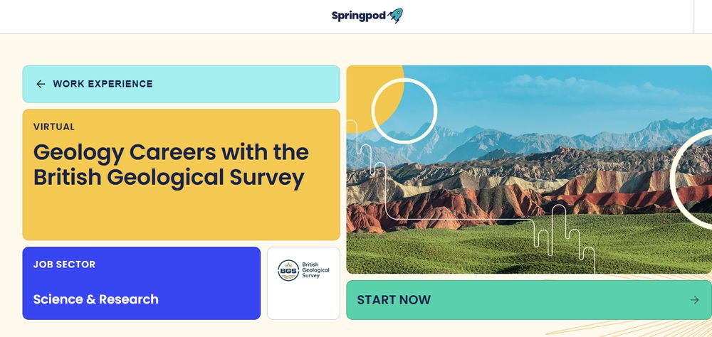 A screenshot of the homepage of the BGS Springpod course. It says 'Geology Careers with the British Geological Survey' and 'job sector, science and resarch'. The colours featured are all bold yellows, greens and blues, and an image of a mountain range with grass in front has been doodled on with a run and some squiggly lines. 
