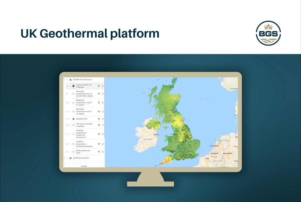 An example of the map explorer within the UK Geothermal Platform, with layer controls. The graphic shows an illustration of a computer screen, with a map of the UK on it, and to the left are the layer controls. Above it says in blue text 'UK geothermal platform'. The BGS logo is to the top right.