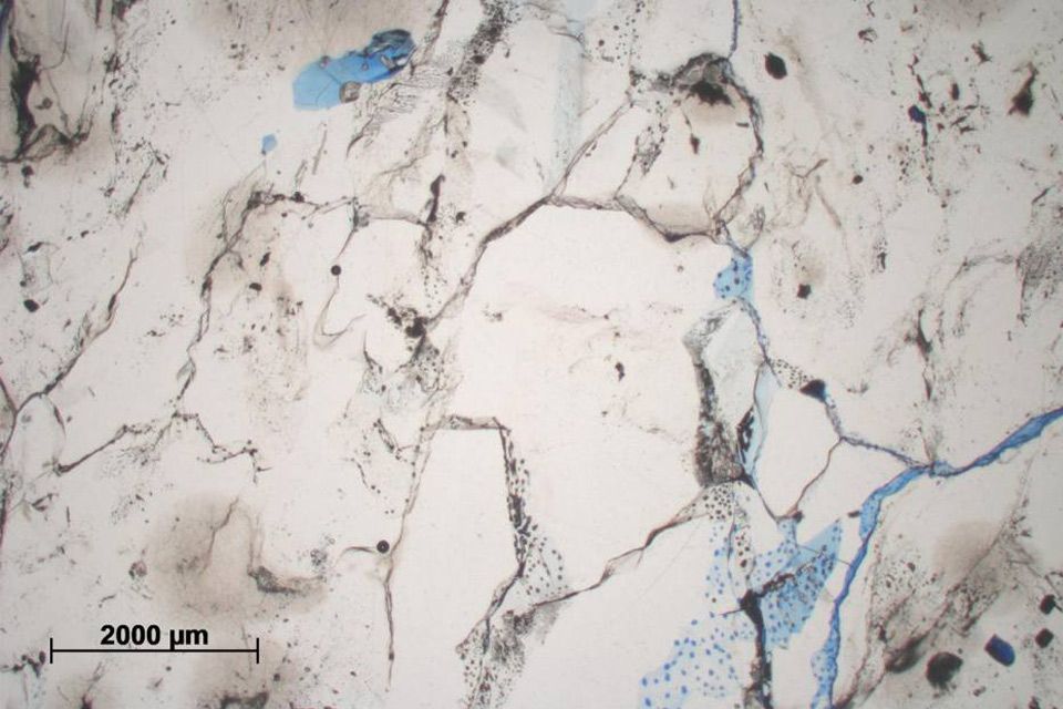 Halite, such as the example pictured above, is inert, self-healing over geological time (visoplastic), gas-tight and can be readily dissolved. The mineralogy and crystal structure of halite make it an ideal host for solution-mined caverns that could be used for the geological storage of hydrogen. BGS © UKRI
