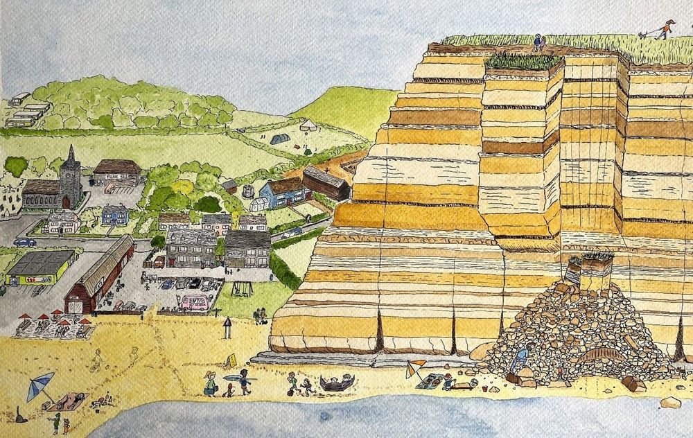 A painting of a beach scene, with lots of risks taken by people on the beach, including fossil spotting under the cliff, standing at the cliff edge and people ignoring coastal warning signs.  