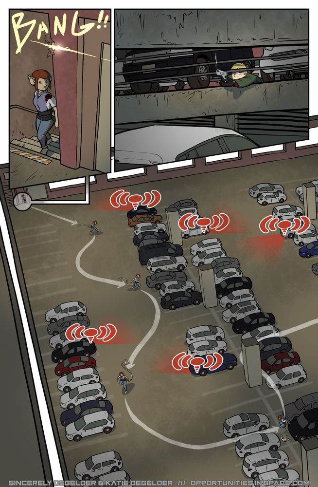 Jack fires a shot at Kyan from across the parking garage. Kyan carefully makes her way through the garage, using cars for cover while avoiding Jack's mines.