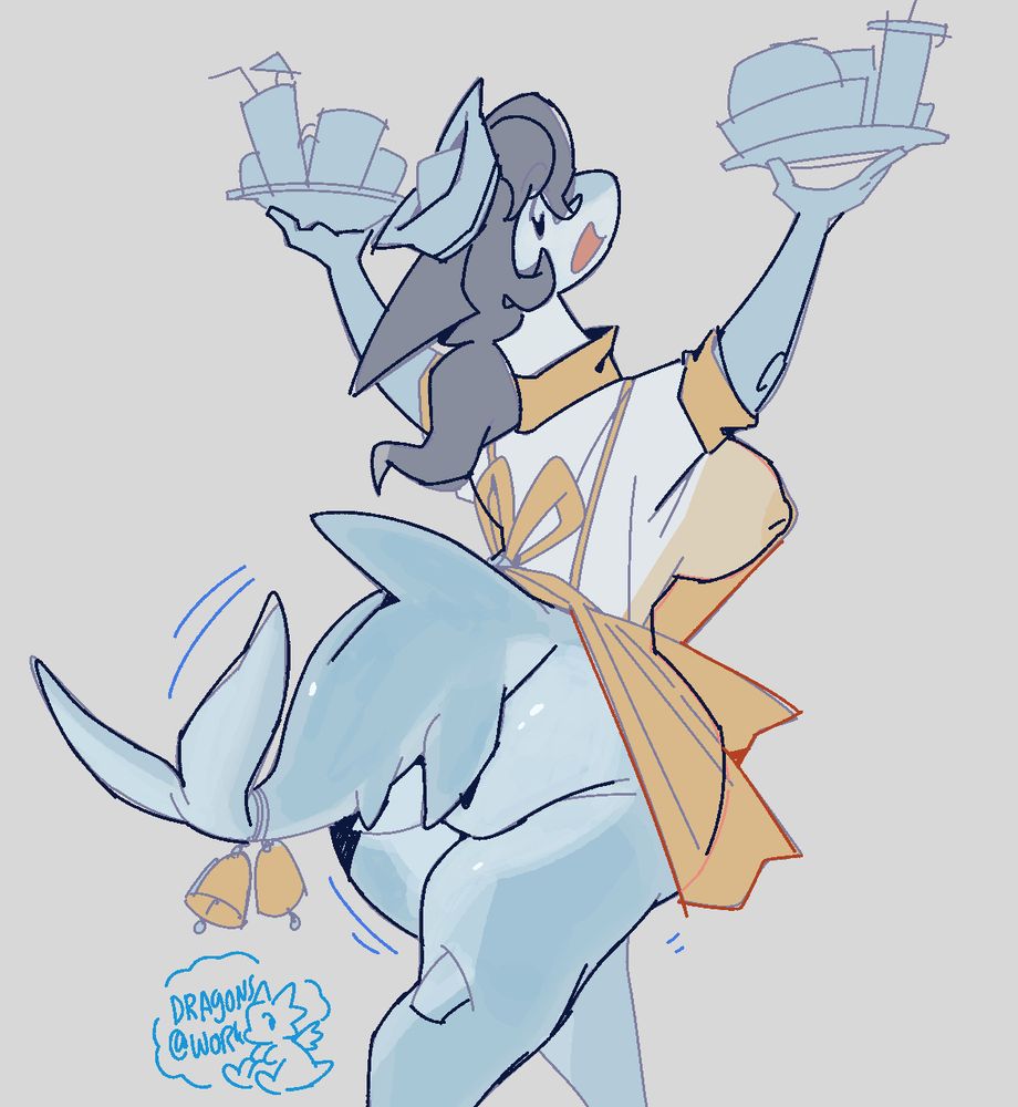 A dolphin waitress with exaggerated proportions shaking her rump while bringing food to the table. 
