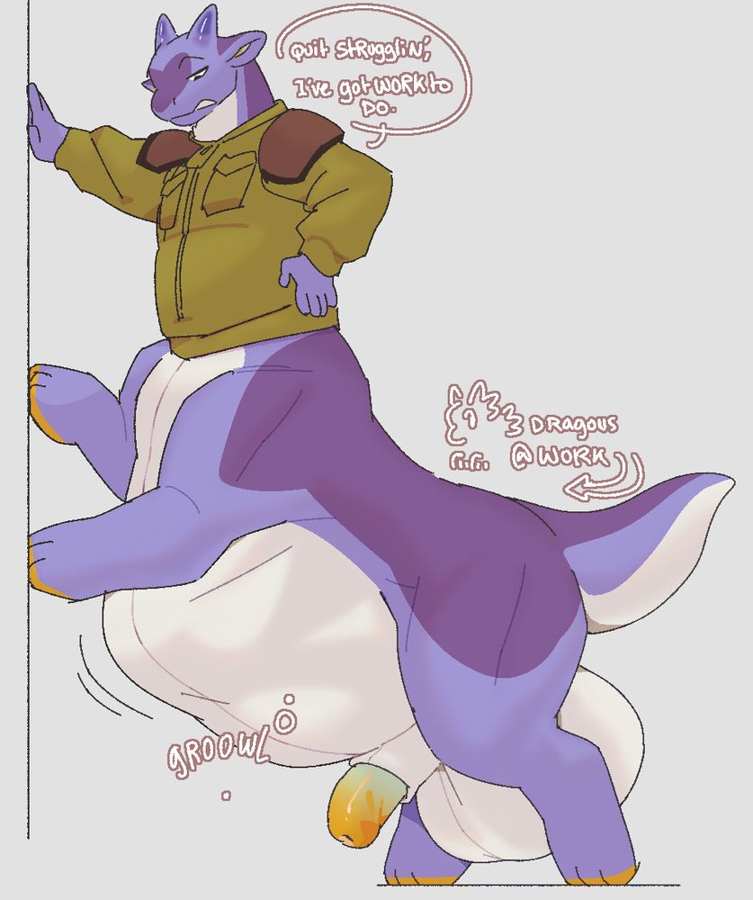 A purple dragon taur stretching and leaning over a wall to observe his uncomfortable stomach. 
