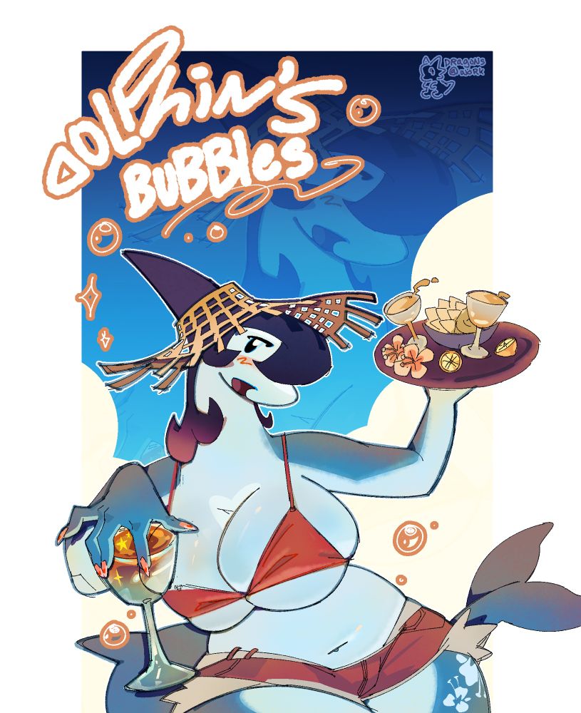 A well- endowed anthro dolphin is offering a drink to the viewer. She is in a beach inspired outfit, and is losing her balance with the second set of drinks on a plate on her other hand.