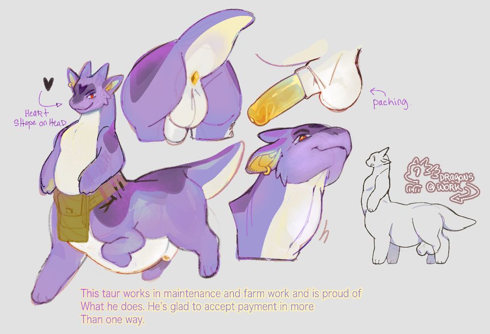 A purple chubby dragon centaur, he is drawn in different angles with certain parts of his body emphasized. 