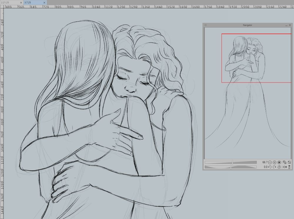 a digital sketch of leah and sha from my comic, the sweetness of salt. leah is facing away from us, embraced by sha. sha's face can be seen over leah's shoulder, pressing her lips into her shoulder.