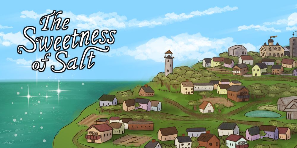 An update graphic for my webcomic The Sweetness of Salt featuring a panel preview of the week's new page: a sunny seaside town as seen from far away, with the ocean to the left. The title is also to the left.