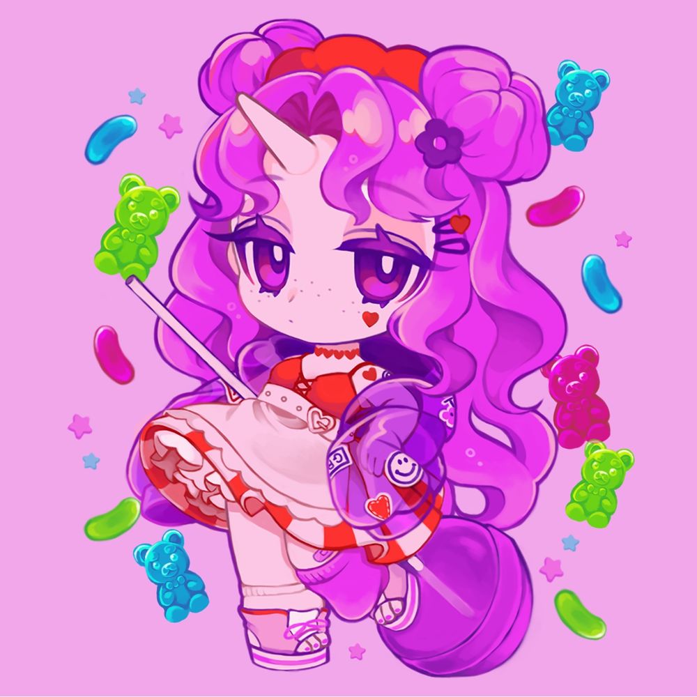 character name: グレープソーダ💜❤️
グレープソーダモチーフの鬼の女の子。
常にやる気がなくてだるくて眠そうな最年少の子。