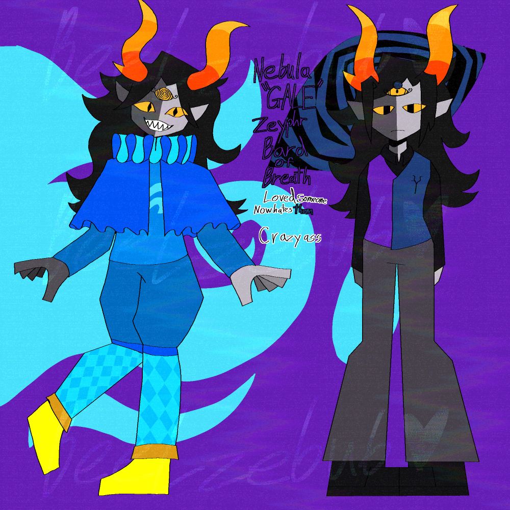 Nebula, controlled by Morana to not kill everyone, was free'd by Laneth, and then promptly killed everyone
A Bard of Breath, one who destroys Breath, and I redesigned the Bard outfit to be more Jester-Like, and to also match the Prince's outfit kinda
Their morality is Dark and the Cerulean represents how their morality was changed when Morana was controlling them... idk