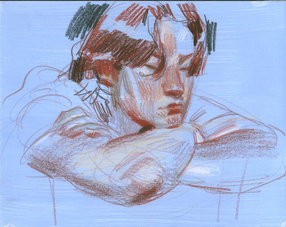 Soft color pencil portrait sketch on blue toned paper of a young woman resting her chin on her crossed arms, as those arms, in turn, rest on the back of a chair. Her eyes are closed, partly covered by her bangs. 