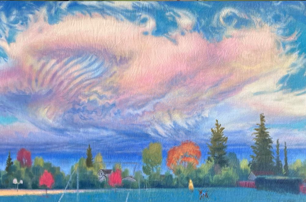 A 38 by 24 inch oil painting on canvas depicts a big, pink, wavy stratocumulus cloud rising above a small soccer field. A tiny figure in a raincoat stares at the cloud, a small dog rushes towards us. Some of the trees along the field are turning red or orange. 