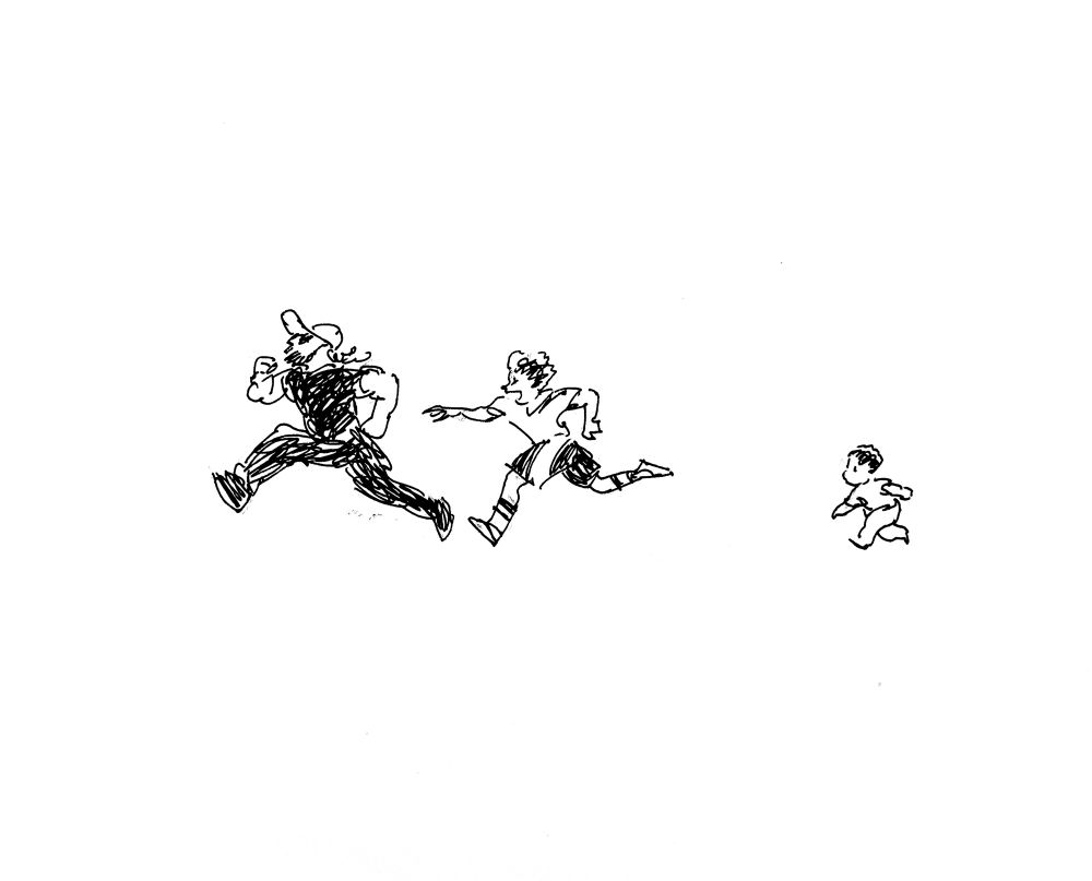 Ink sketch of a bearded man in a ball cap and sunglasses running from a kid with an Afro, in soccer shorts and socks, who in turn is being chased, at a slight distance, by a toddler going at max speed.