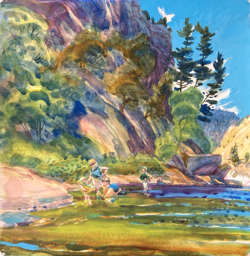 Watercolor and gouache painting of four people standing in the eddy of a river under a cliff. It's a  bright, sunny day.  They are wearing hats and life jackets. One is belly down in the water, eye-level with a toddler, grinning. 