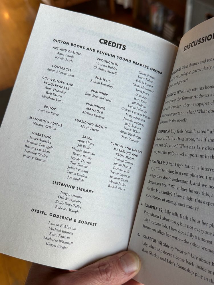 A photo of the credits page Last Night at the Telegraph Club.