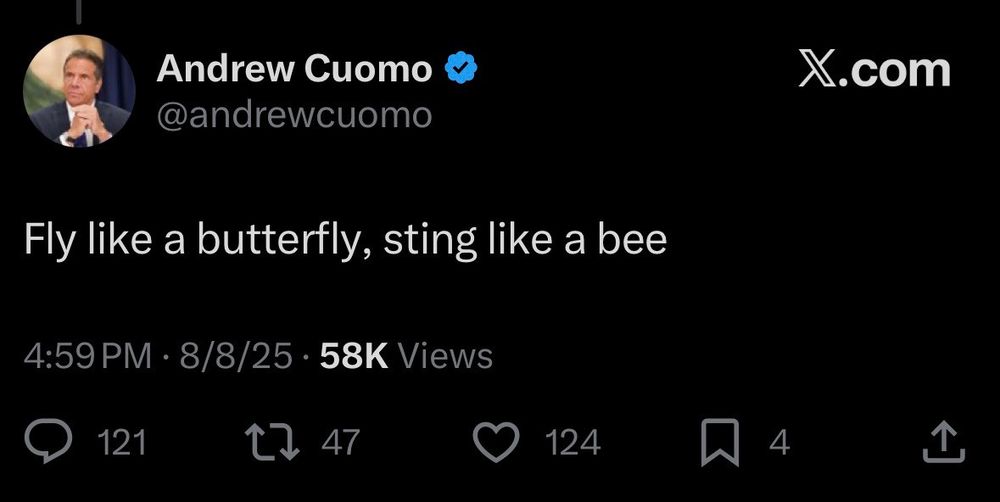 Andrew Cuomo mangling a banger from one of the most famous athletes of all time: "Fly like a butterfly, sting like a bee" 