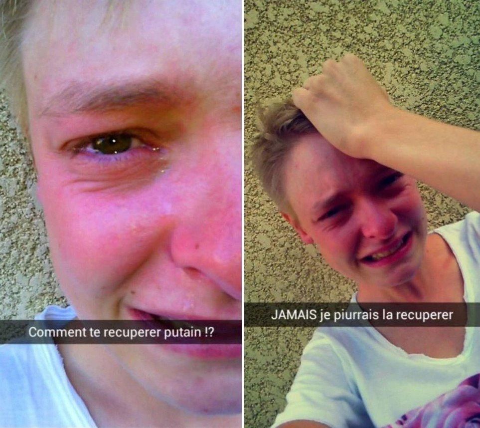 Même du snap de la personne qui pleure en gros plan avec le texte "Comment te récupérer putain ? JAMAIS je pourrai la récupérer".
Gros plan sur son œil rempli de larmes et le visage rouge et crispé.