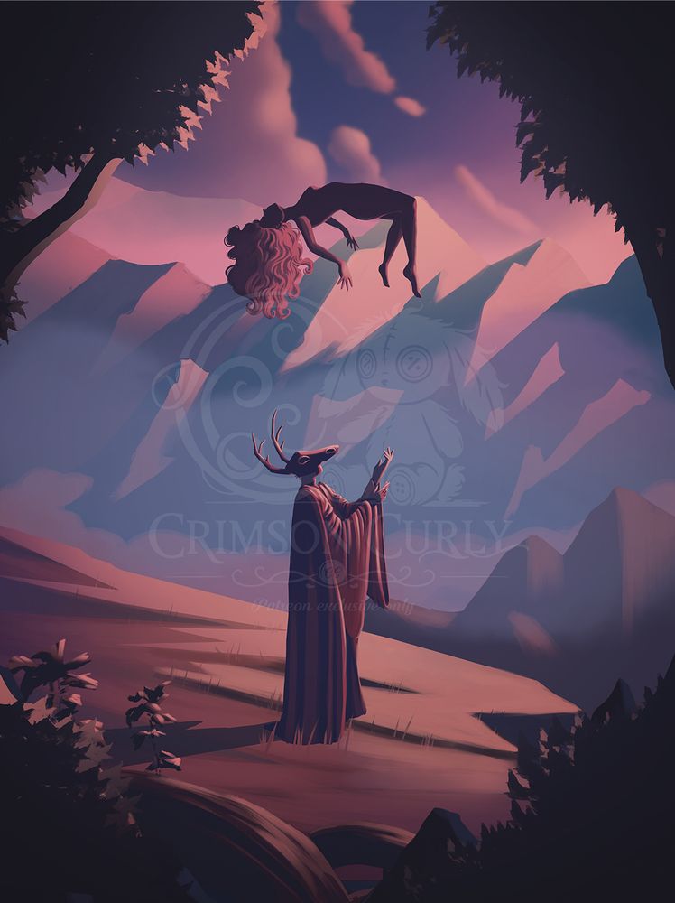 A digital painting with a dark fantasy aesthetic. A mysterious robed figure with antlers stands on a sloping hill, arms raised, as they seemingly lift a woman into the air with an unseen force. The woman, dressed in black, floats above them, her body arched and her curly hair cascading downward. The background features towering, misty mountains bathed in twilight hues of deep purples, pinks, and blues. Dark tree branches frame the scene, adding to the eerie, otherworldly atmosphere. The art is rich in contrast, with soft light illuminating the floating woman while shadows creep along the landscape below.