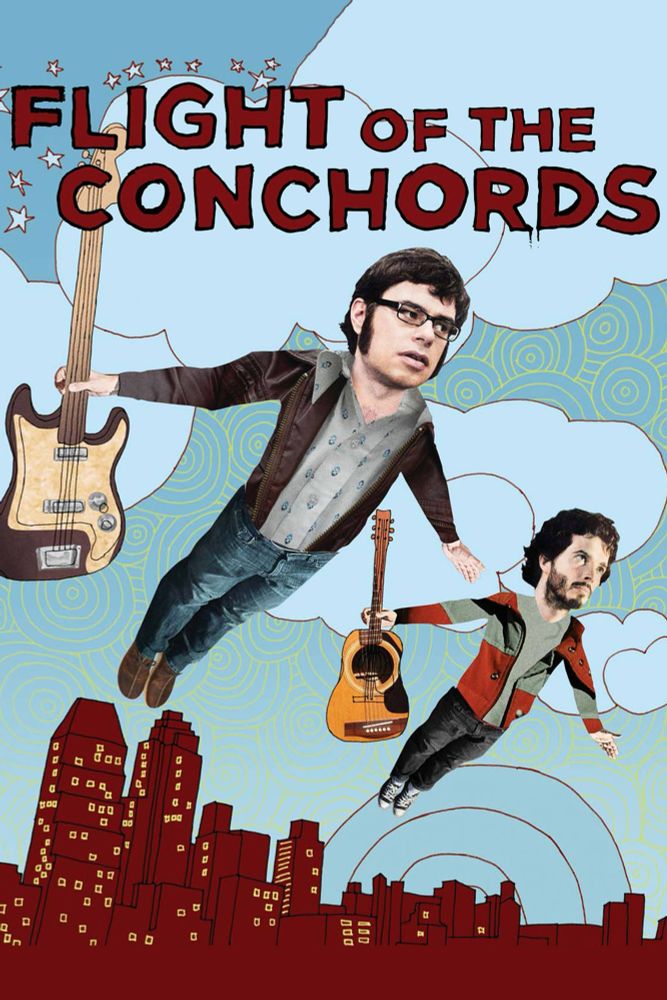 Jemaine Clement and Bret McKenzie holding guitars and soaring above NY City. The words Flight of the Conchords appears above their heads. They are two loveable doofuses, or doofi if you prefer, that can give your brain and soul a brief respite from this currently ugly world