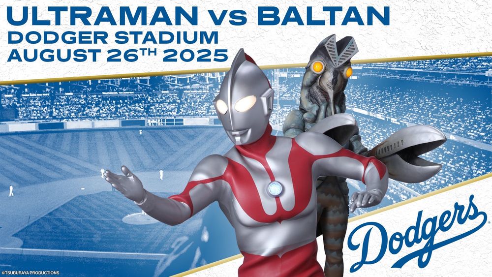 An ad for a live event at Dodgers Stadium featuring Ultraman and the alien Baltan