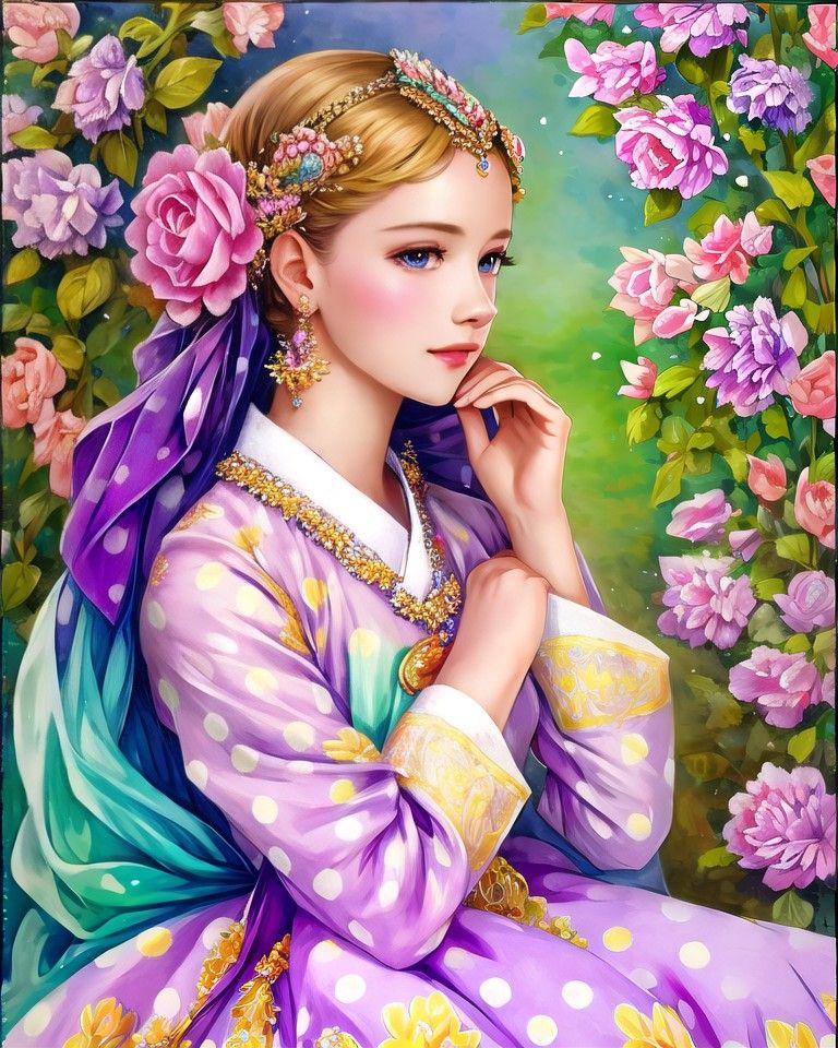 An illustration of a blonde woman wearing a lavender hanbok with white polka dots and yellow floral patterning. She sits among bushes of pink and purple flowers, with a hand touching her chin. Her hair is tied back in an updo, and decorated with jewelry. She has blue eyes and a gentle expression.