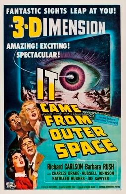 Original theatrical release poster for It Came from Outer Space, with a large eye at the top, 4 character comics on the left, title text across, and main credits at the bottom