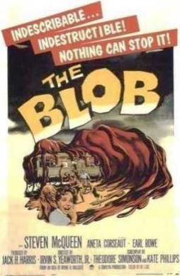Original theatrical release poster for The Blob, with title text across, a diner mostly covered in red goo in the middle, and main credits at the bottom
