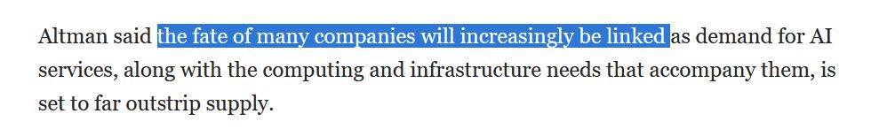 excerpt from the article reading: "Altman said the fate of many companies will increasingly be linked as demand for AI services, along with the computing and infrastructure needs that accompany them, is set to far outstrip supply. "
