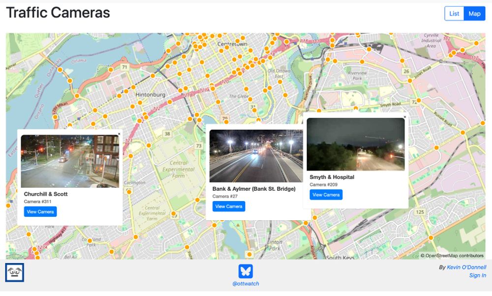 Screenshot of ottwatch's traffic camera map page, showing each traffic camera location on an OpenStreetMap canvas. Each map location brings up a pop-up of the camera's live view