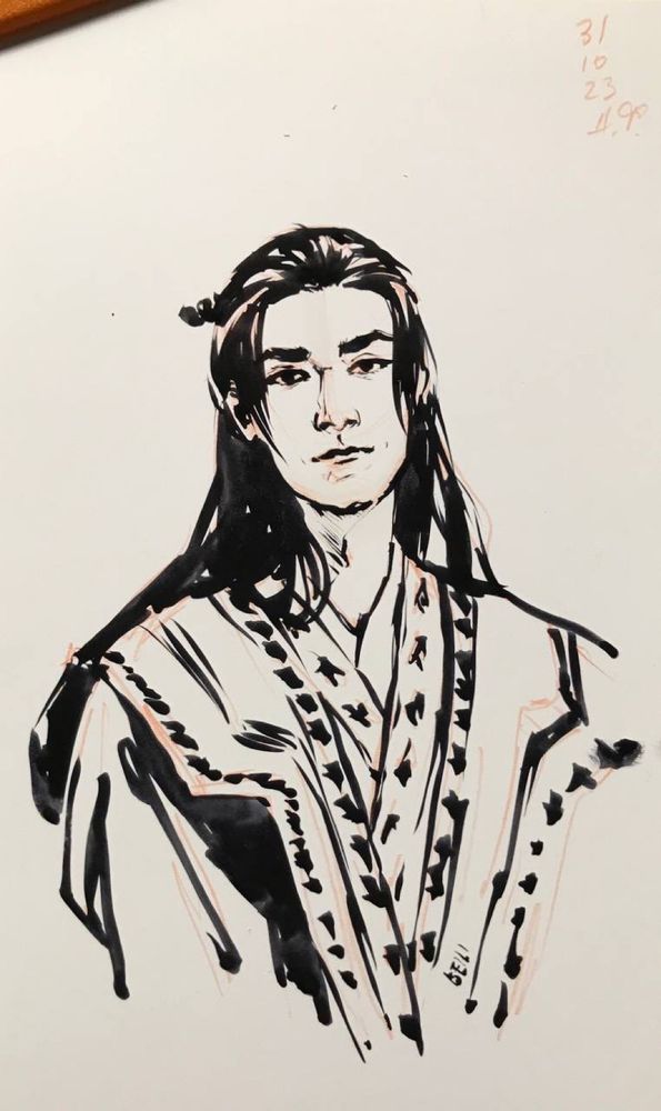 An ink drawing of Di Feisheng from Mysterious Lotus Casebook looking calm and peaceful