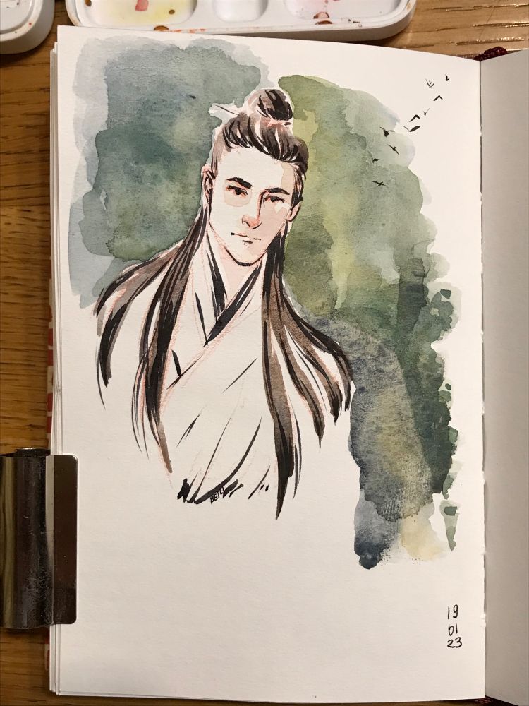 And ink and watercolour drawing of Fu Shen, in process