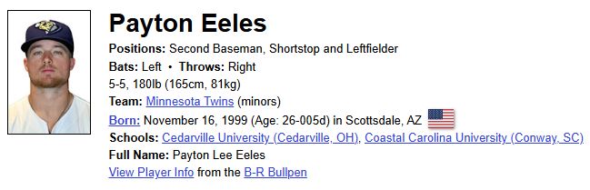 Payton Eeles biography from Baseball Reference, showing his height and weight listed as 5'5, 180.